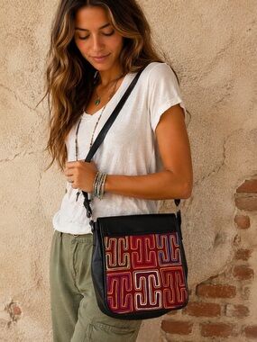 Lord Jim Crossbody Messenger Bag Leather Embroidered Textile Boho Artisan Bag